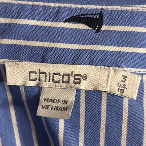 Chico’s Poplin Tiered Stripe Shirt Dress Sailboats Size 3 (US 16) Embroidered - Picture 11 of 12